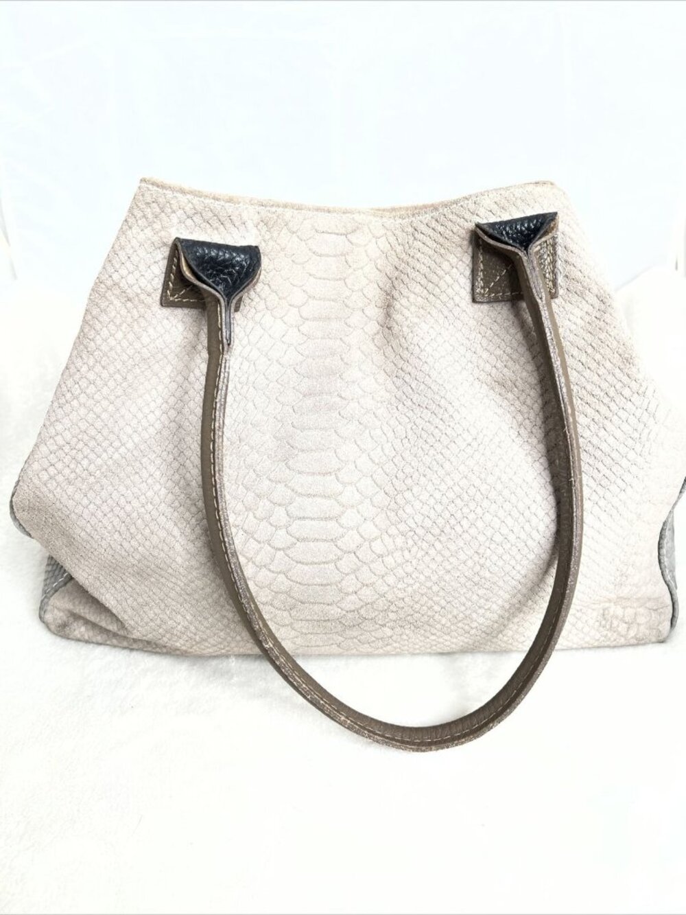 Genuine Leather Snake-Embossed Tote Bag With Double Handles Made In Italy Beige